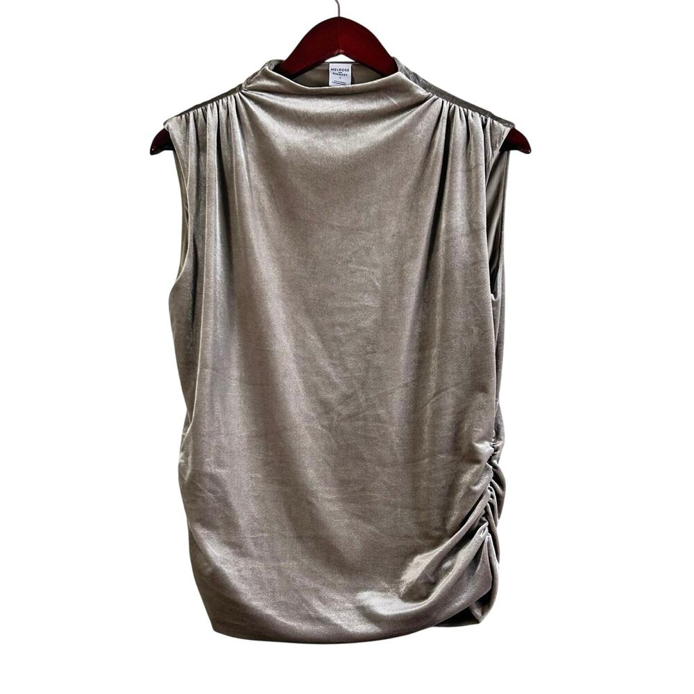 Melrose and Market Ruched Velvet Shell Mock Neck Sleeveless Top In Gray Green